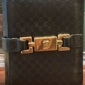 Gucci Black Embossed Wallet with Gold Hardware